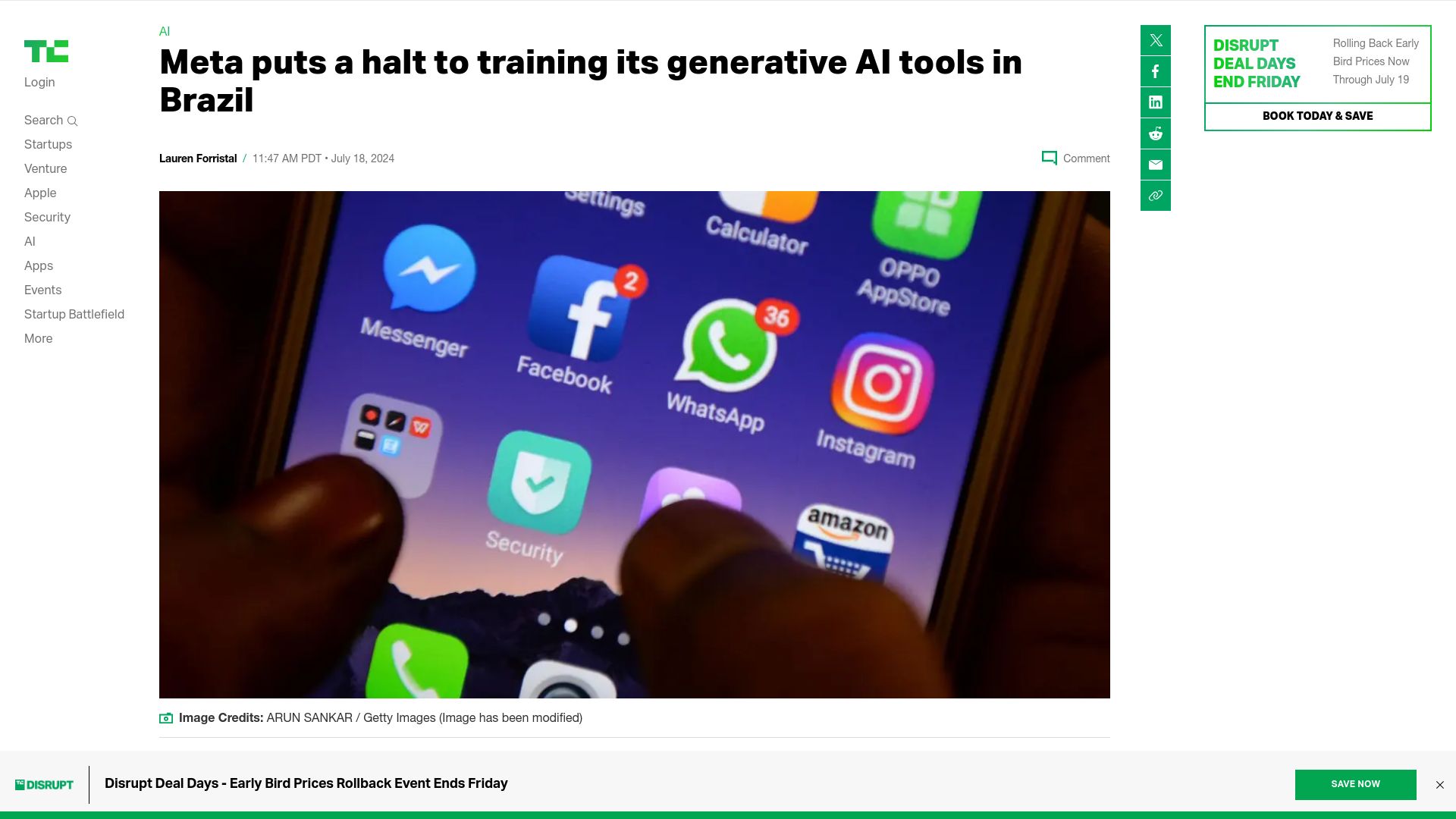 Screenshot of techcrunch.com: Meta puts a halt to training its generative AI tools in Brazil