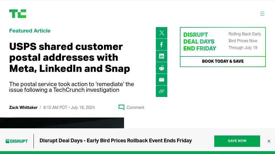 Screenshot of techcrunch.com: USPS shared customer postal addresses with Meta, LinkedIn and Snap