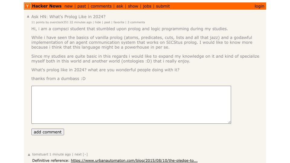 Screenshot of Hacker News post: Ask HN: What's Prolog like in 2024?