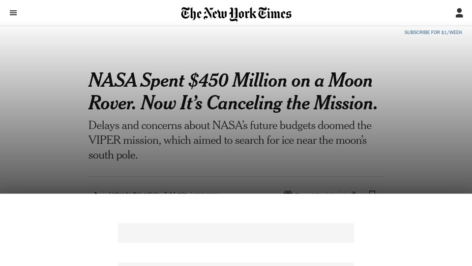 Screenshot of nytimes.com: NASA Spent $450M on a Moon Rover. Now It's Canceling the Mission