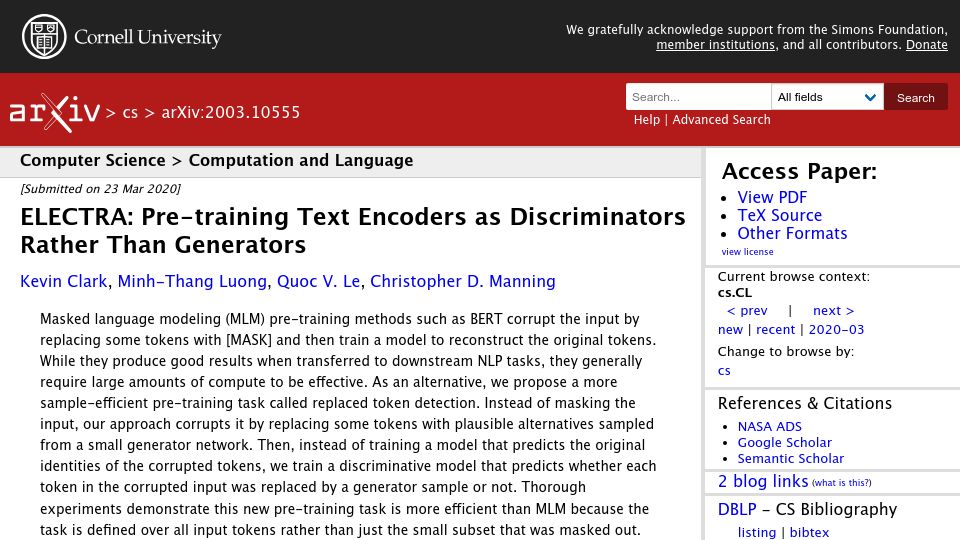 Screenshot of arxiv.org: Electra: Pre-Training Text Encoders as Discriminators Rather Than Generators (2020)
