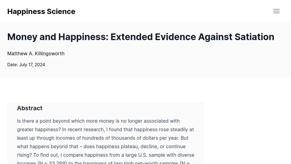 Screenshot of happiness-science.org: Money and Happiness: Extended Evidence Against Satiation