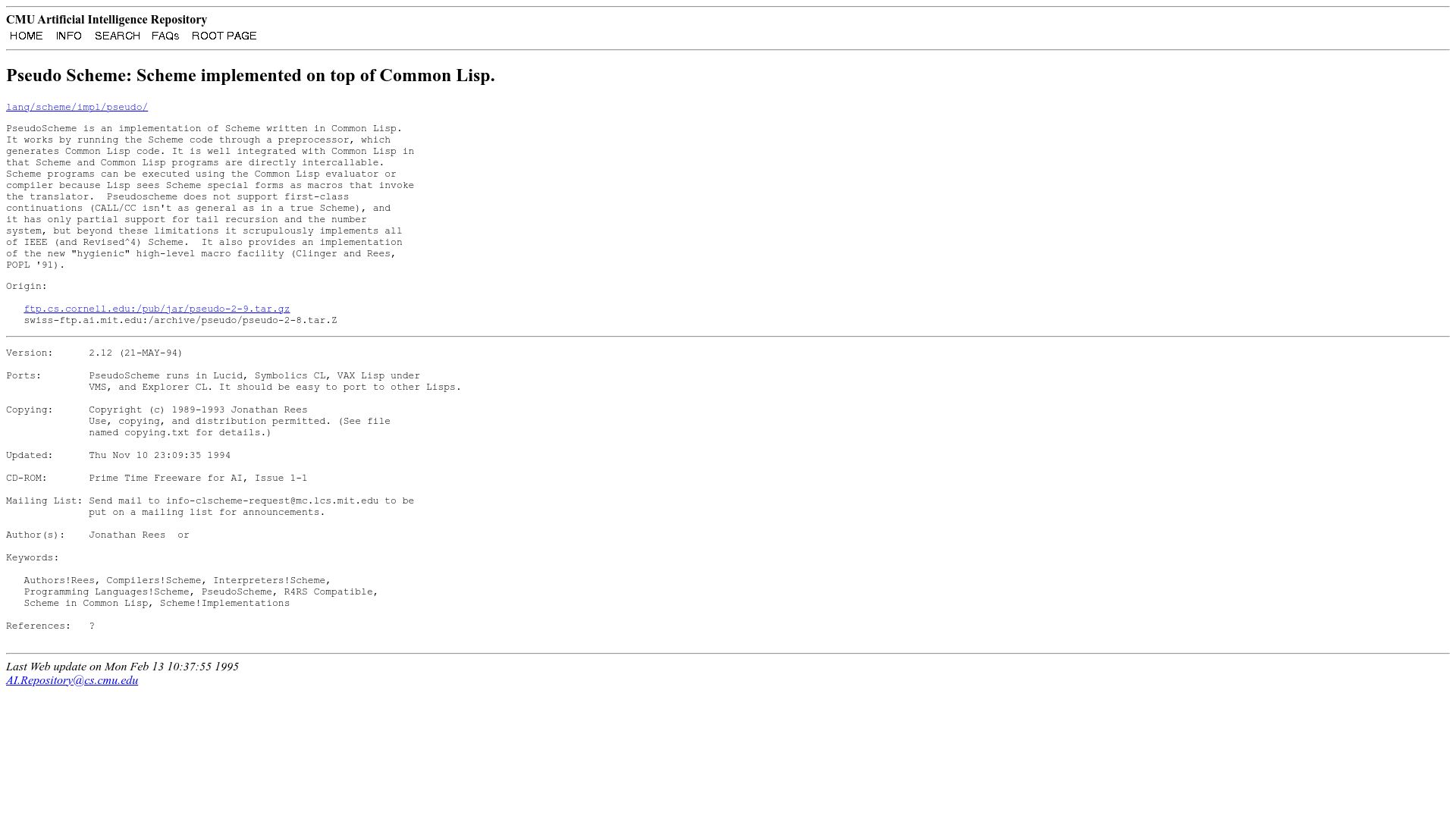 Screenshot of cs.cmu.edu: Pseudo Scheme: Scheme Implemented on Top of Common Lisp
