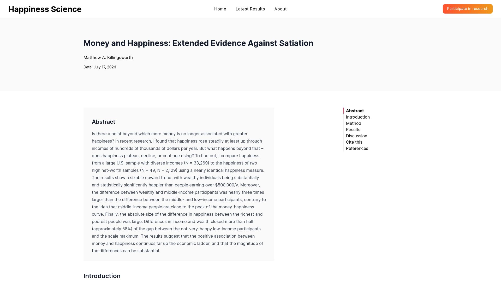 Screenshot of happiness-science.org: Money and Happiness: Extended Evidence Against Satiation