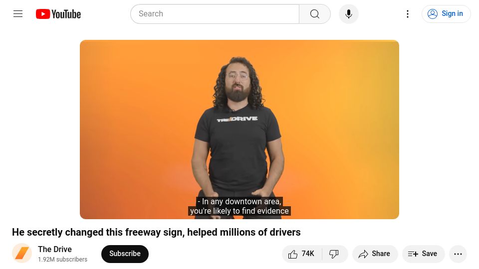 Screenshot of youtube.com: He secretly changed this freeway sign, helped millions of drivers [video]