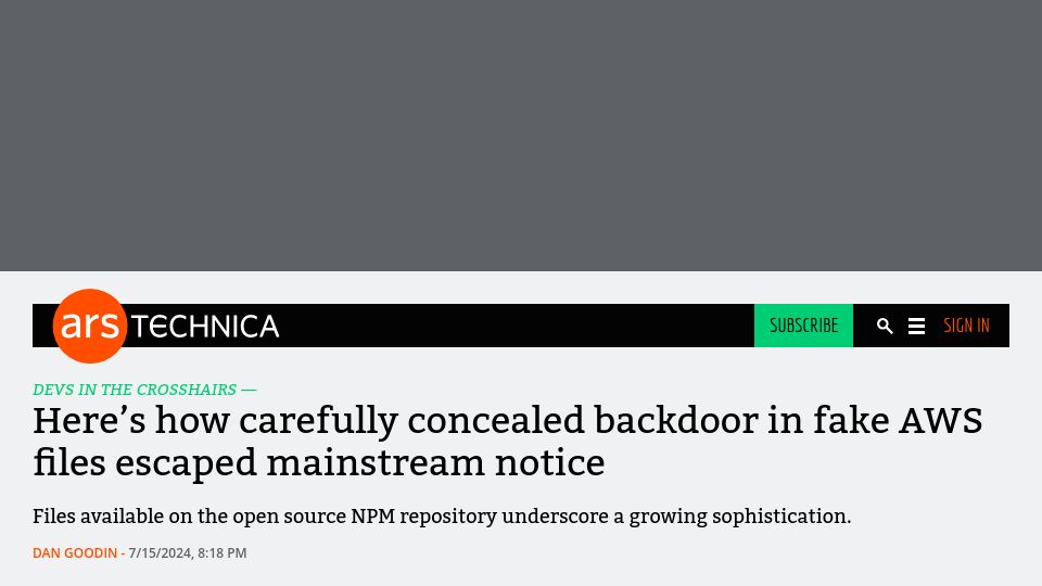 Screenshot of arstechnica.com: Concealed backdoor in fake AWS files escaped mainstream notice