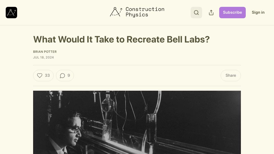 Screenshot of construction-physics.com: What would it take to recreate Bell Labs?