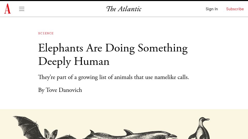 Screenshot of theatlantic.com: Elephants use namelike calls