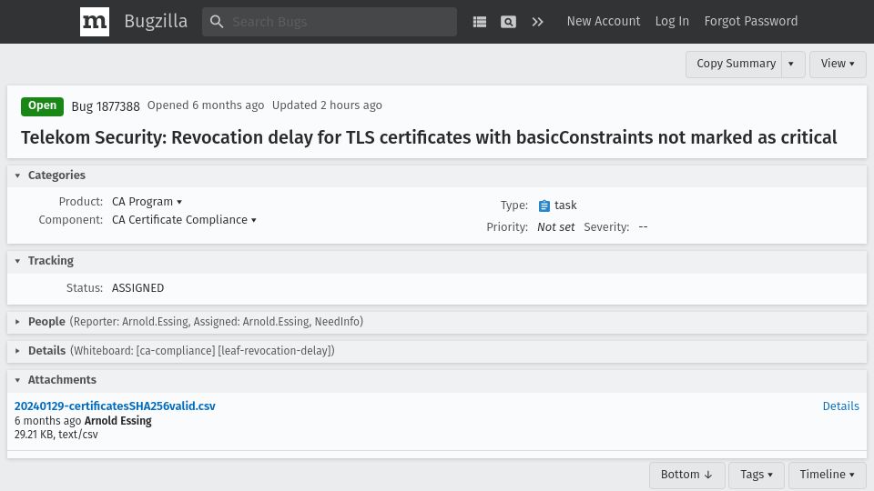 Screenshot of bugzilla.mozilla.org: Deutsche Telekom issued invalid certificates, hasn't revoked them since 6 months