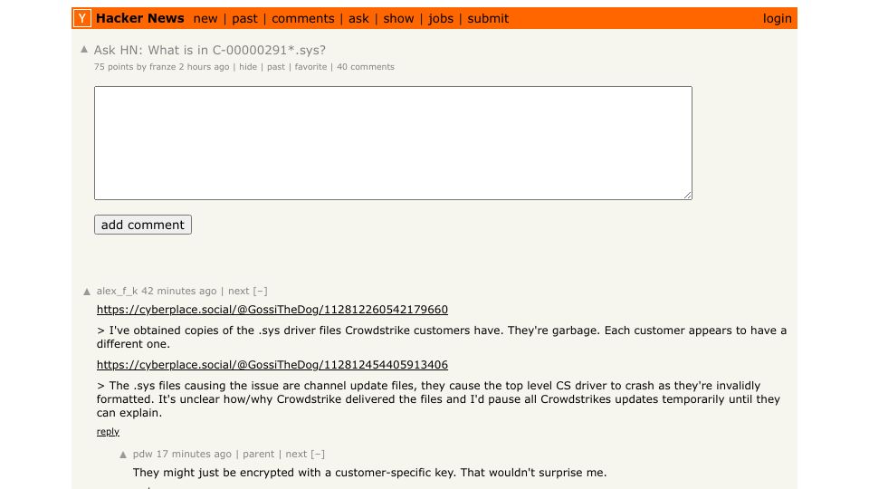 Screenshot of Hacker News post: Ask HN: What is in C-00000291*.sys?
