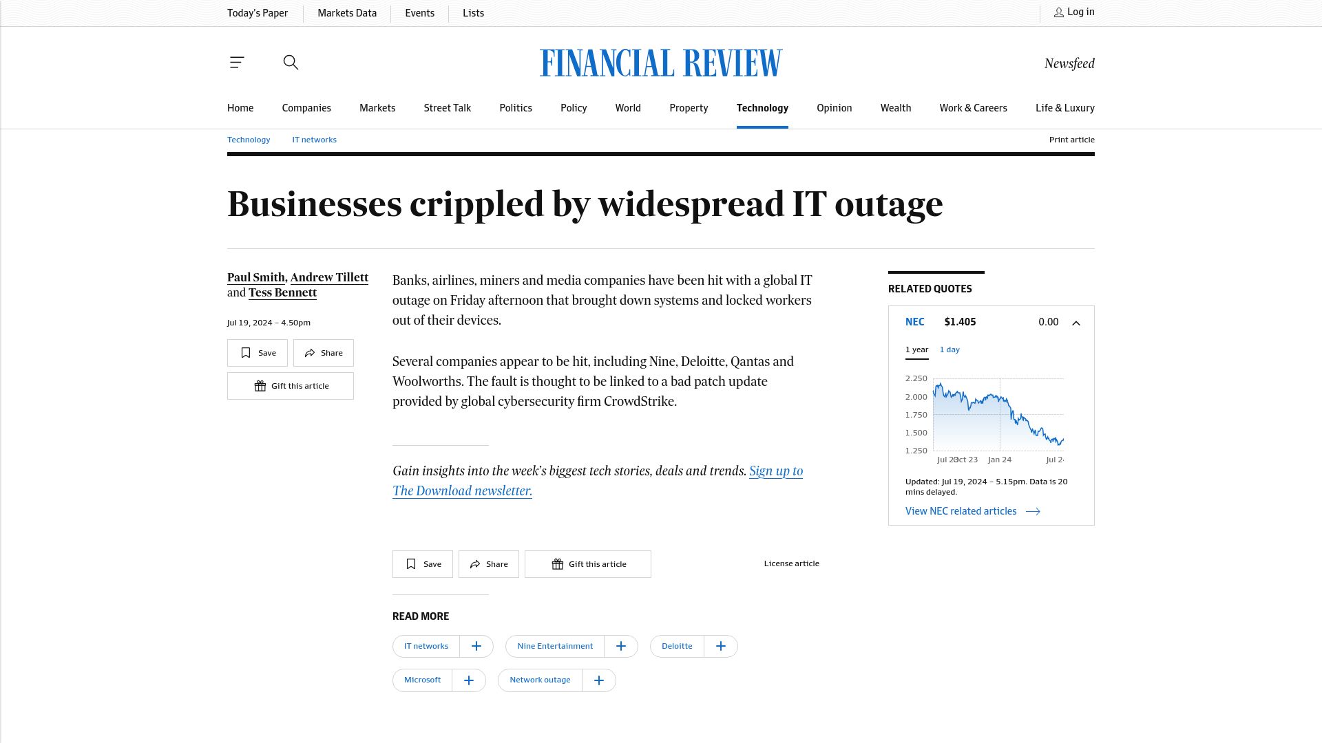 Screenshot of afr.com: Crowdstrike Outage Causing Widespread Issues
