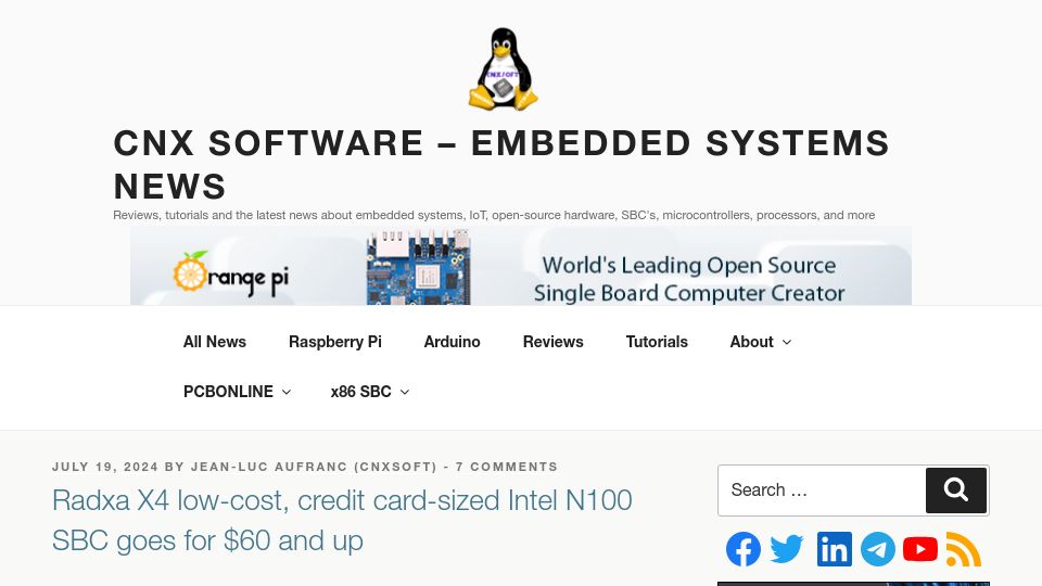 Screenshot of cnx-software.com: Radxa X4 low-cost, credit card-sized Intel N100 SBC goes for $60 and up