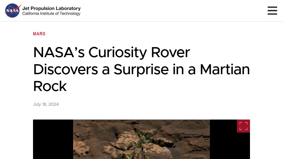 Screenshot of jpl.nasa.gov: NASA's Curiosity rover discovers a surprise in a Martian rock