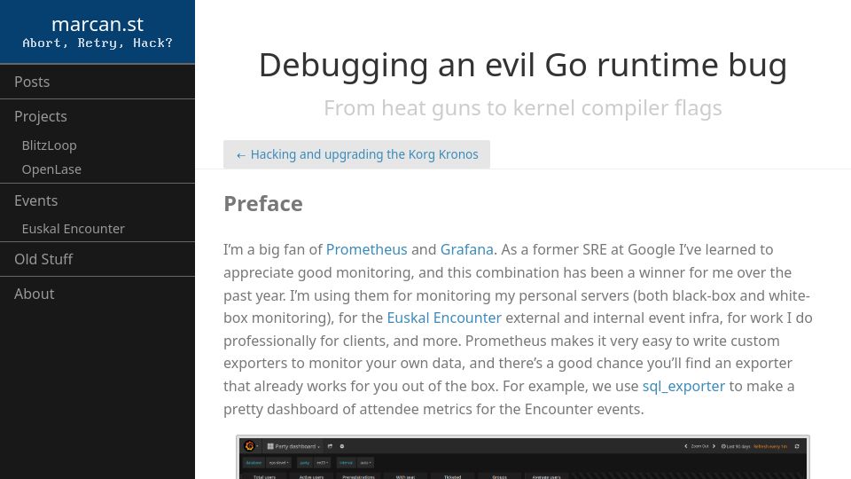 Screenshot of marcan.st: Debugging an evil Go runtime bug: From heat guns to kernel compiler flags (2017)