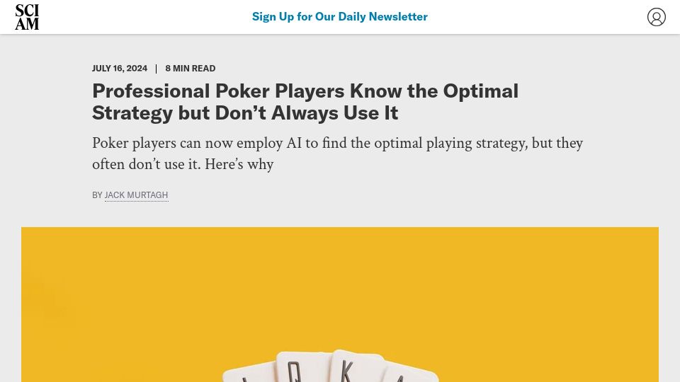 Screenshot of scientificamerican.com: Professional poker players know the optimal strategy but don't always use it