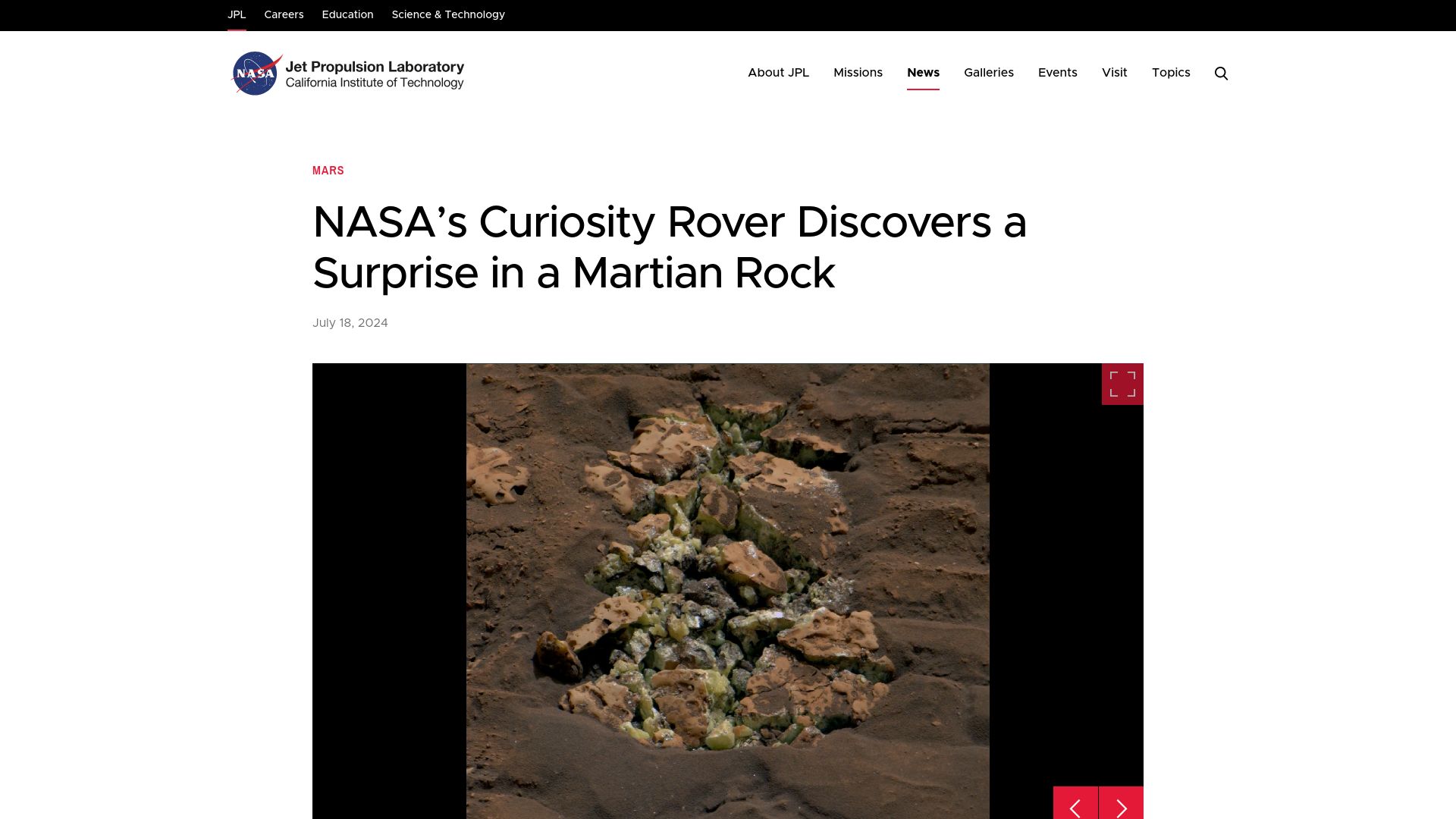 Screenshot of jpl.nasa.gov: NASA's Curiosity rover discovers a surprise in a Martian rock