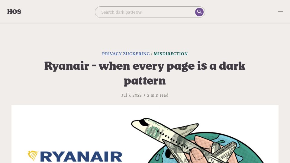 Screenshot of hallofshame.design: Ryanair – when every page is a dark pattern