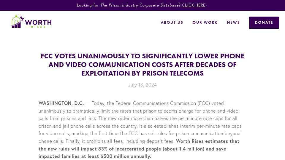 Screenshot of worthrises.org: FCC votes to limit prison telecom charges