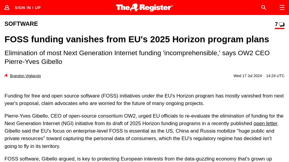 Screenshot of theregister.com: FOSS funding vanishes from EU's 2025 Horizon program plans