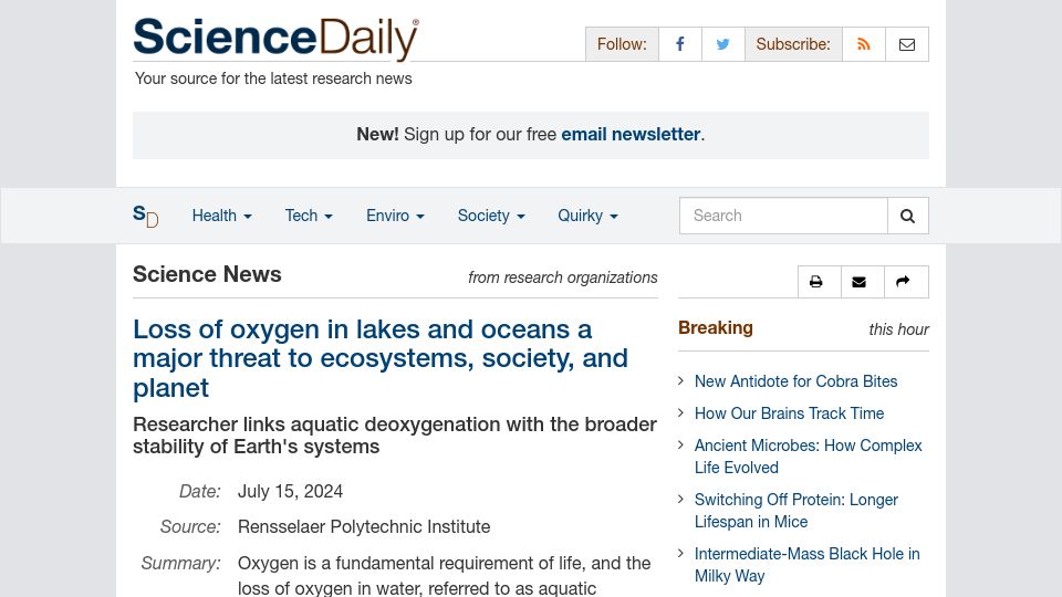 Screenshot of sciencedaily.com: Loss of oxygen in lakes and oceans