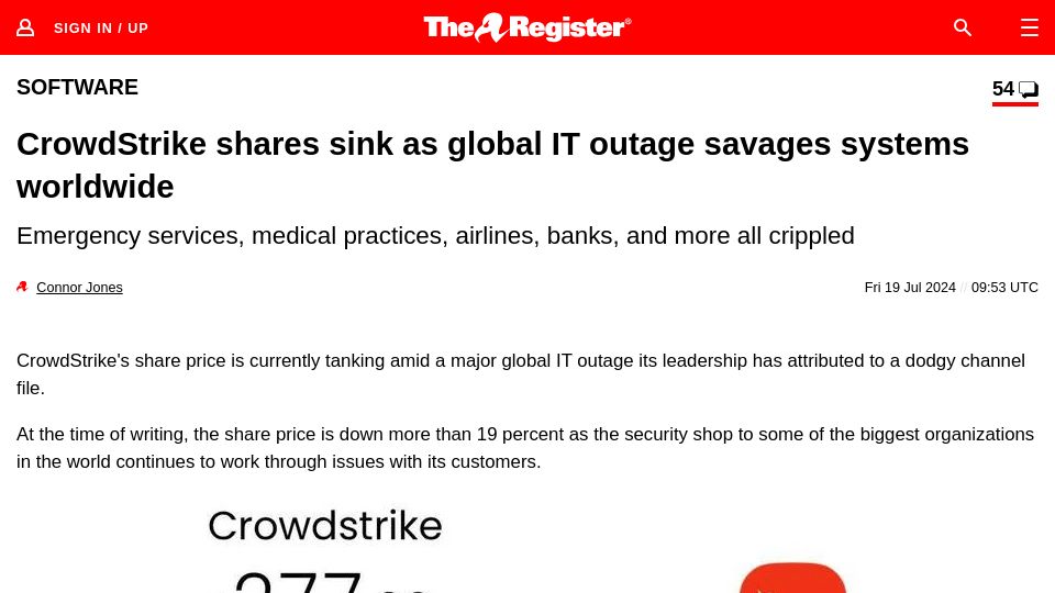Screenshot of theregister.com: CrowdStrike shares sink as global IT outage savages systems worldwide