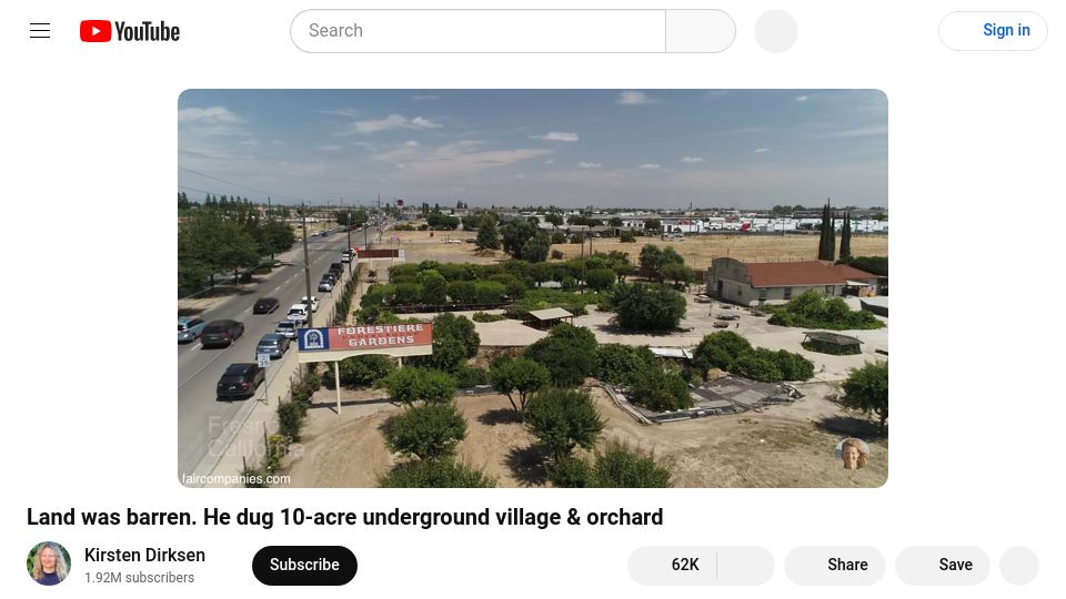 Screenshot of youtube.com: 10-acre underground home and gardens in Fresno (2023) [video]