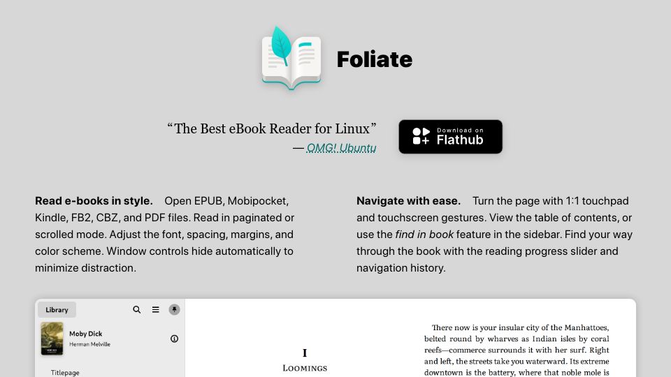 Screenshot of johnfactotum.github.io: Foliate: Read e-books in style, navigate with ease