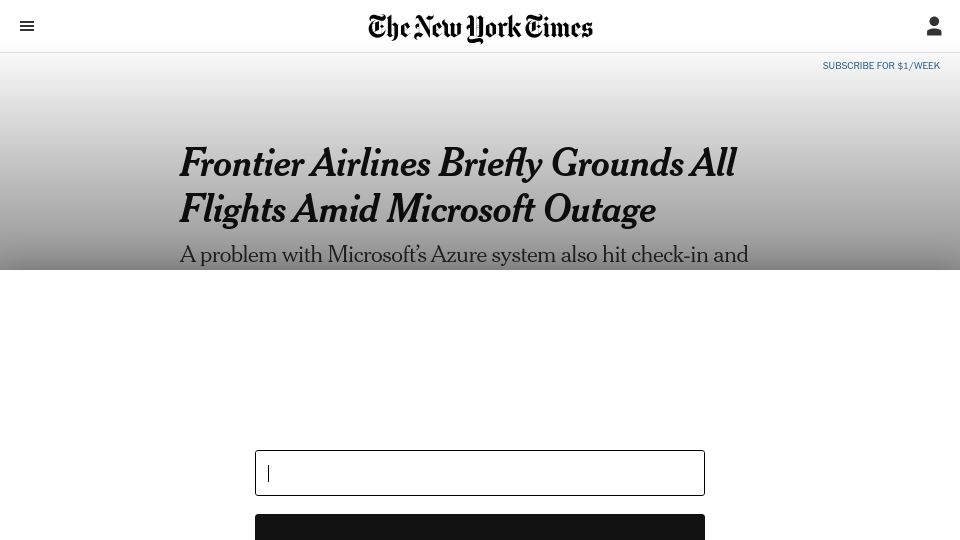 Screenshot of nytimes.com: Multiple airlines disrupted due to Microsoft Azure outage