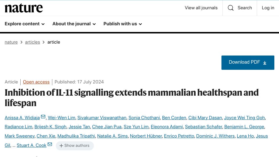 Screenshot of nature.com: Deletion of Il11 extended the lives of mice by 25%