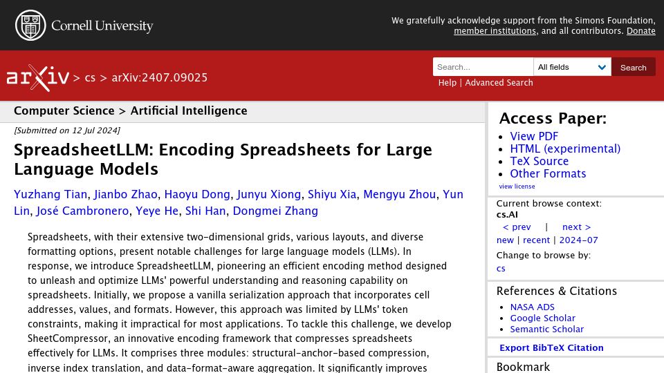 Screenshot of arxiv.org: SpreadsheetLLM: Encoding Spreadsheets for Large Language Models