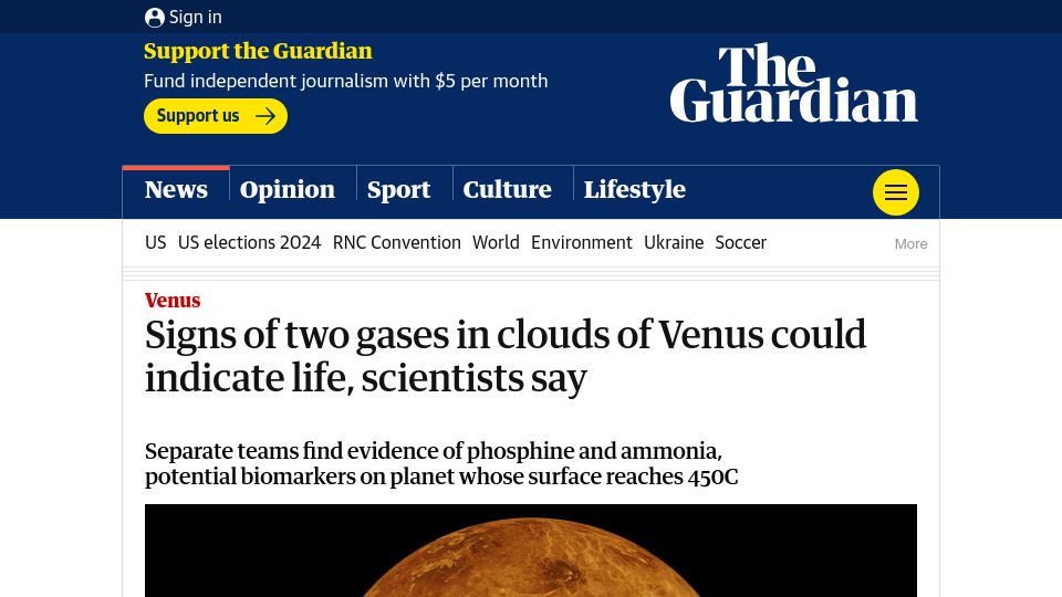Screenshot of theguardian.com: Signs of two gases in clouds of Venus could indicate life, scientists say