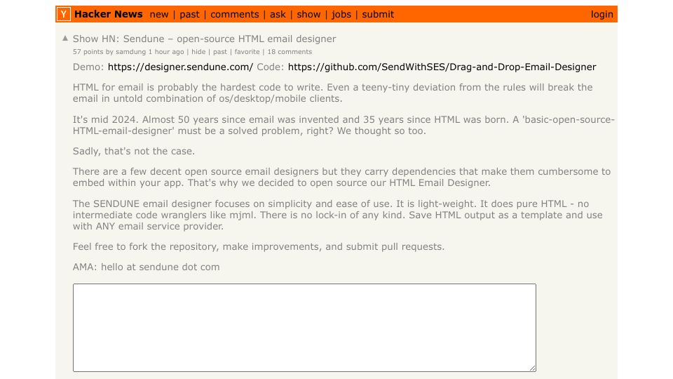 Screenshot of Hacker News post: Show HN: Sendune – open-source HTML email designer