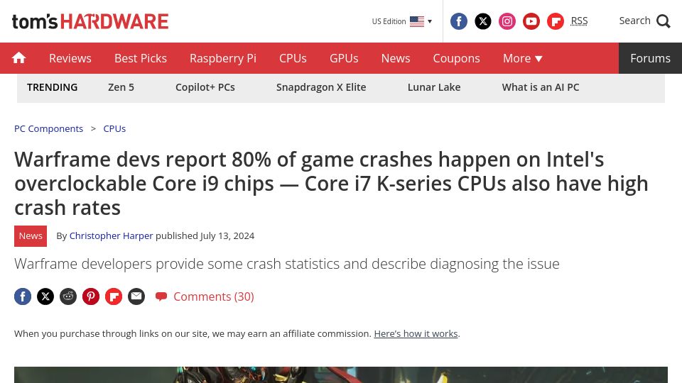Screenshot of tomshardware.com: Warframe devs report 80% of game crashes happen on Intel's Core i9 chips