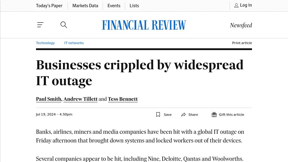 Screenshot of afr.com: Crowdstrike Outage Causing Widespread Issues