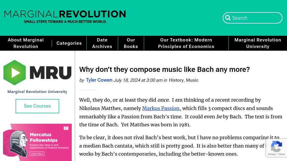 Screenshot of marginalrevolution.com: Why don't they compose music like Bach any more?
