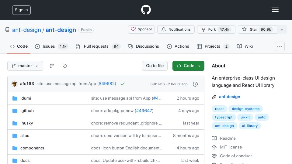 Screenshot of github.com: Ant Design – the second most popular React UI framework