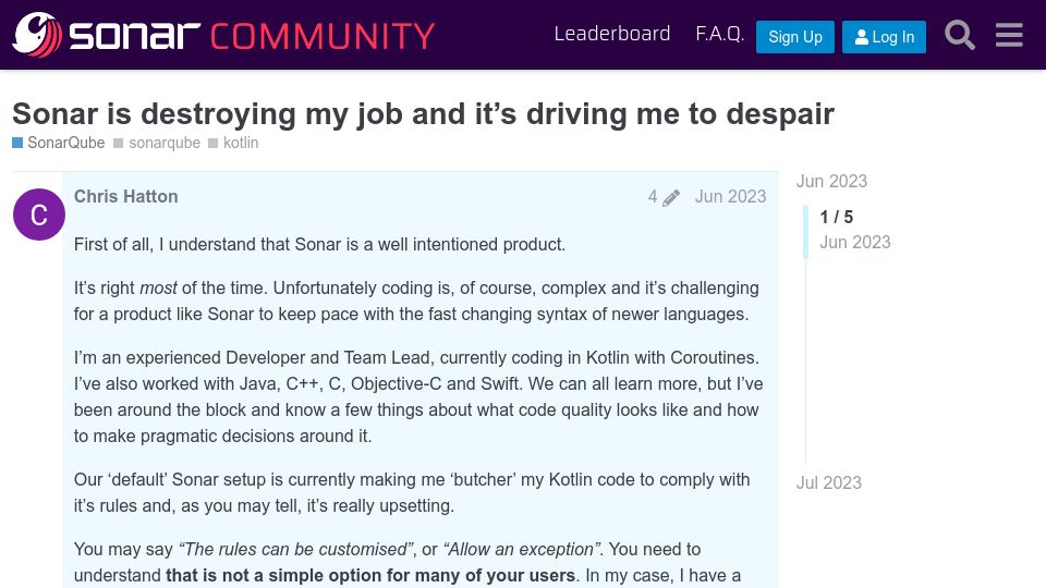 Screenshot of community.sonarsource.com: Sonar is destroying my job and it's driving me to despair