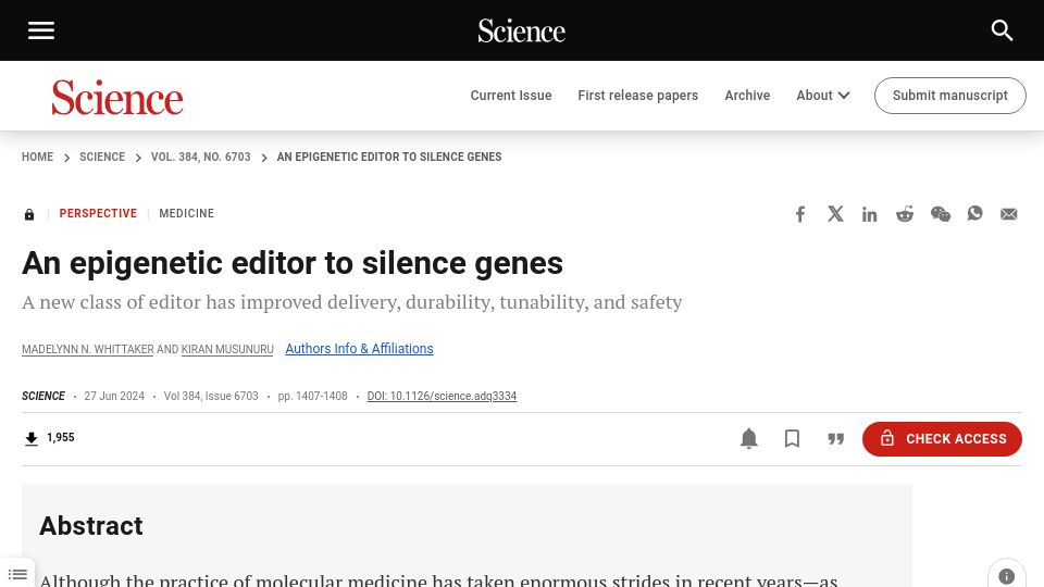 Screenshot of science.org: An epigenetic editor to silence genes