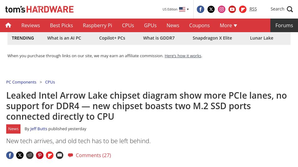 Screenshot of tomshardware.com: Leaked Arrow Lake diagram show more PCIe lanes, no DDR4, 2 M.2 SSD ports to CPU