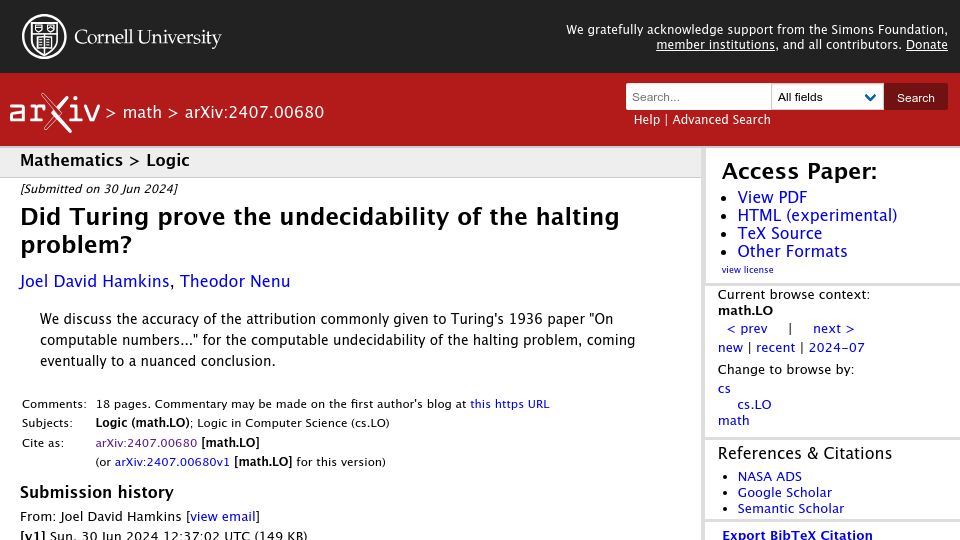 Screenshot of arxiv.org: Did Turing prove the undecidability of the halting problem?