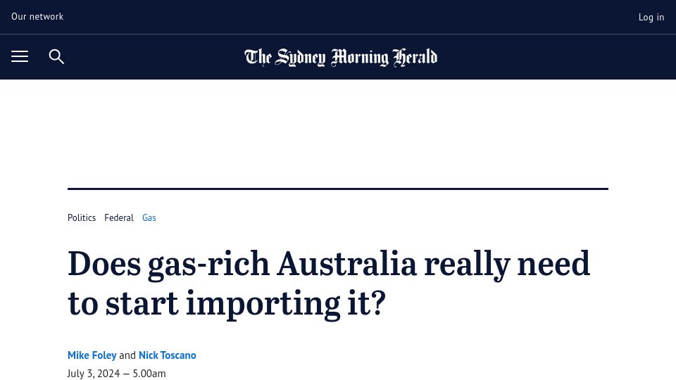Screenshot of smh.com.au: Australia out of natural gas, pays gas companies to export its reserves