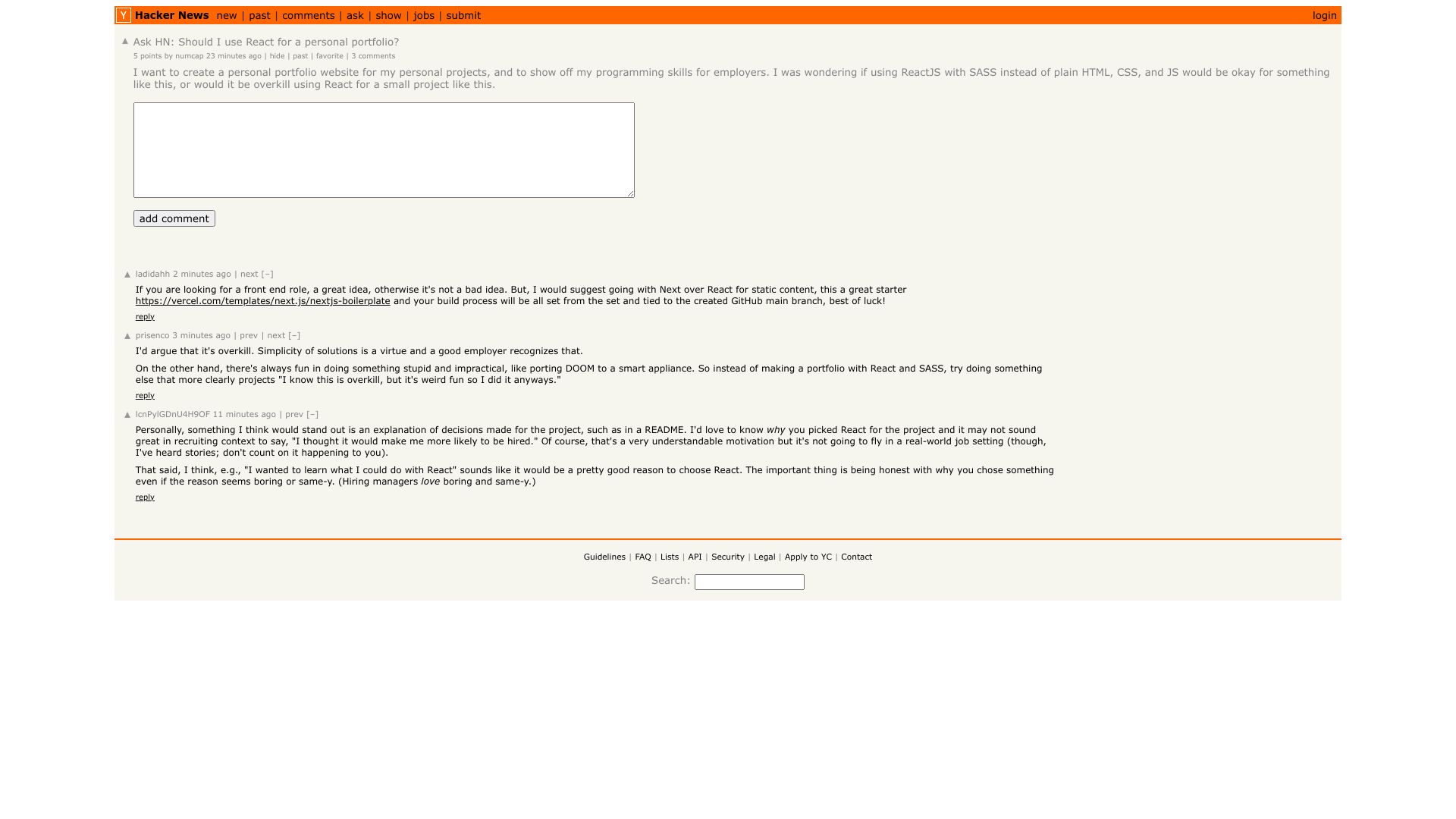 Screenshot of this Hacker News post: Ask HN: Should I use React for a personal portfolio?
