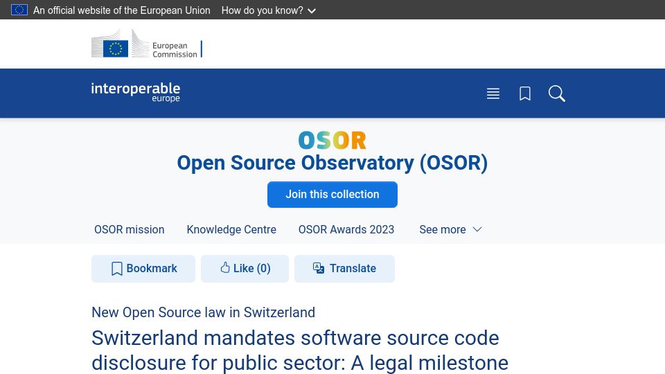 Screenshot of joinup.ec.europa.eu: Switzerland mandates software source code disclosure for public sector