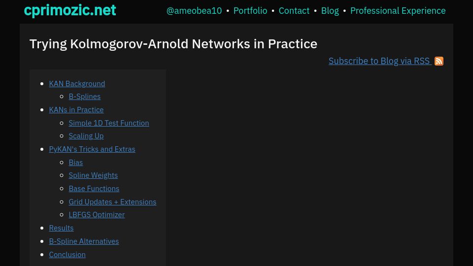 Screenshot of cprimozic.net: Trying Kolmogorov-Arnold Networks in Practice