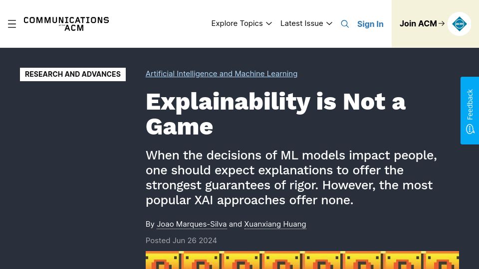 Screenshot of cacm.acm.org: Explainability is not a game
