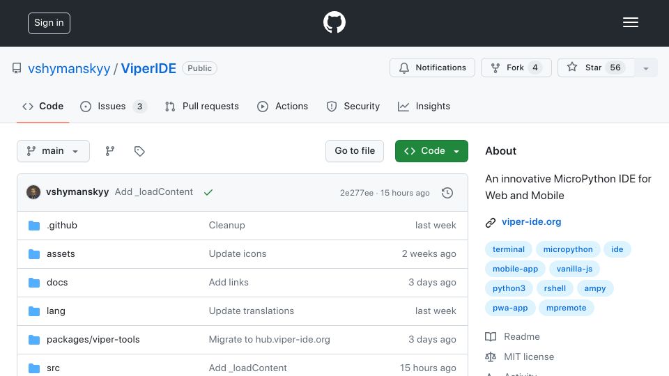 Screenshot of github.com: Show HN: ViperIDE – MicroPython IDE for web and mobile