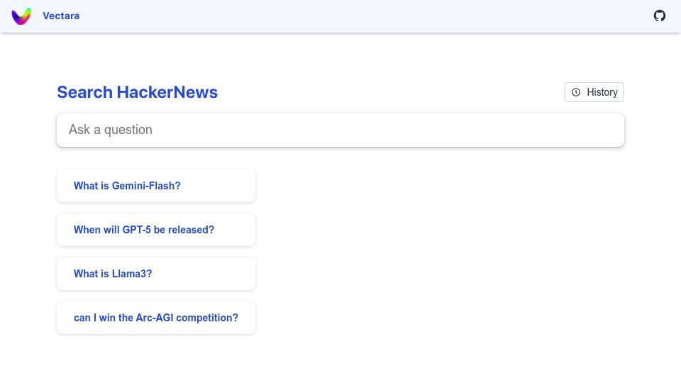 Screenshot of hackernews.demo.vectara.com: Show HN: I made a search engine for Hacker News