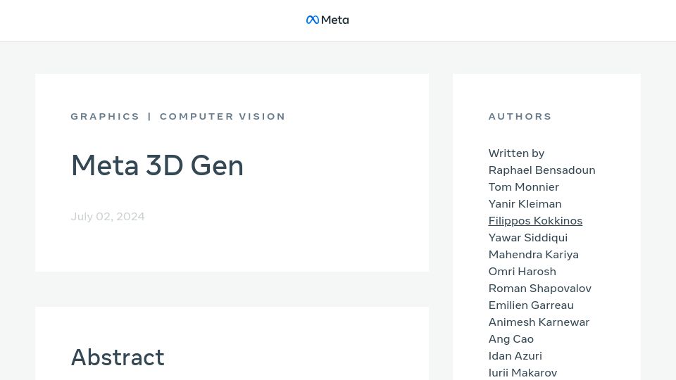 Screenshot of ai.meta.com: Meta 3D Gen