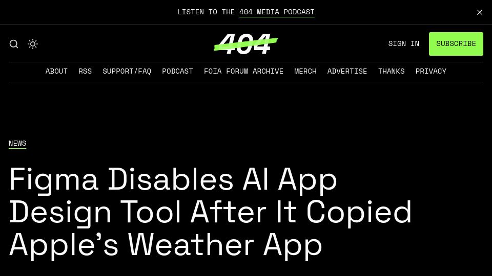 Screenshot of 404media.co: Figma disables AI app design tool after it copied Apple's weather app
