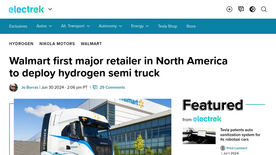 Screenshot of electrek.co: Walmart first major retailer in North America to deploy hydrogen semi truck
